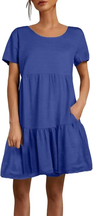 XOWRTE 2025 New Women's Round Neck Dress Casual and Comfortable Cotton Short Sleeves Beach Dress Short Sleeved