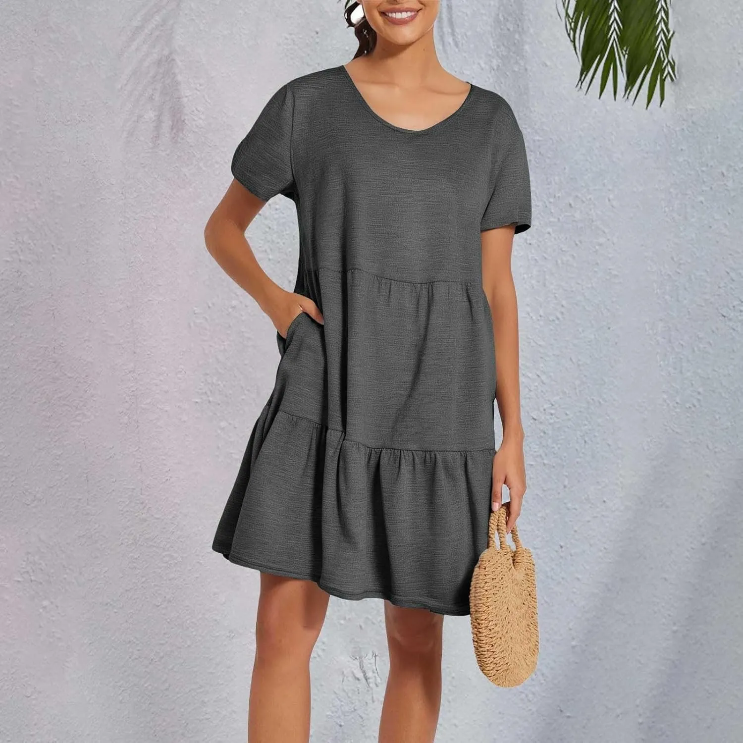 XOWRTE 2025 New Women's Round Neck Dress Casual and Comfortable Cotton Short Sleeves Beach Dress Short Sleeved