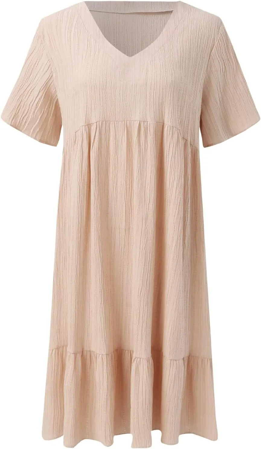 XOWRTE Summer Dresses for Women 2025 Short Sleeve V Neck Dress Pleated Swing Loose Casual Dress Short Plus Size