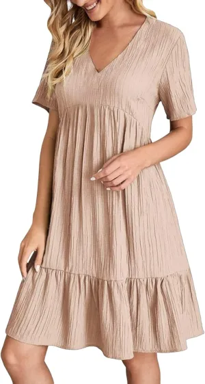 XOWRTE Summer Dresses for Women 2025 Short Sleeve V Neck Dress Pleated Swing Loose Casual Dress Short Plus Size