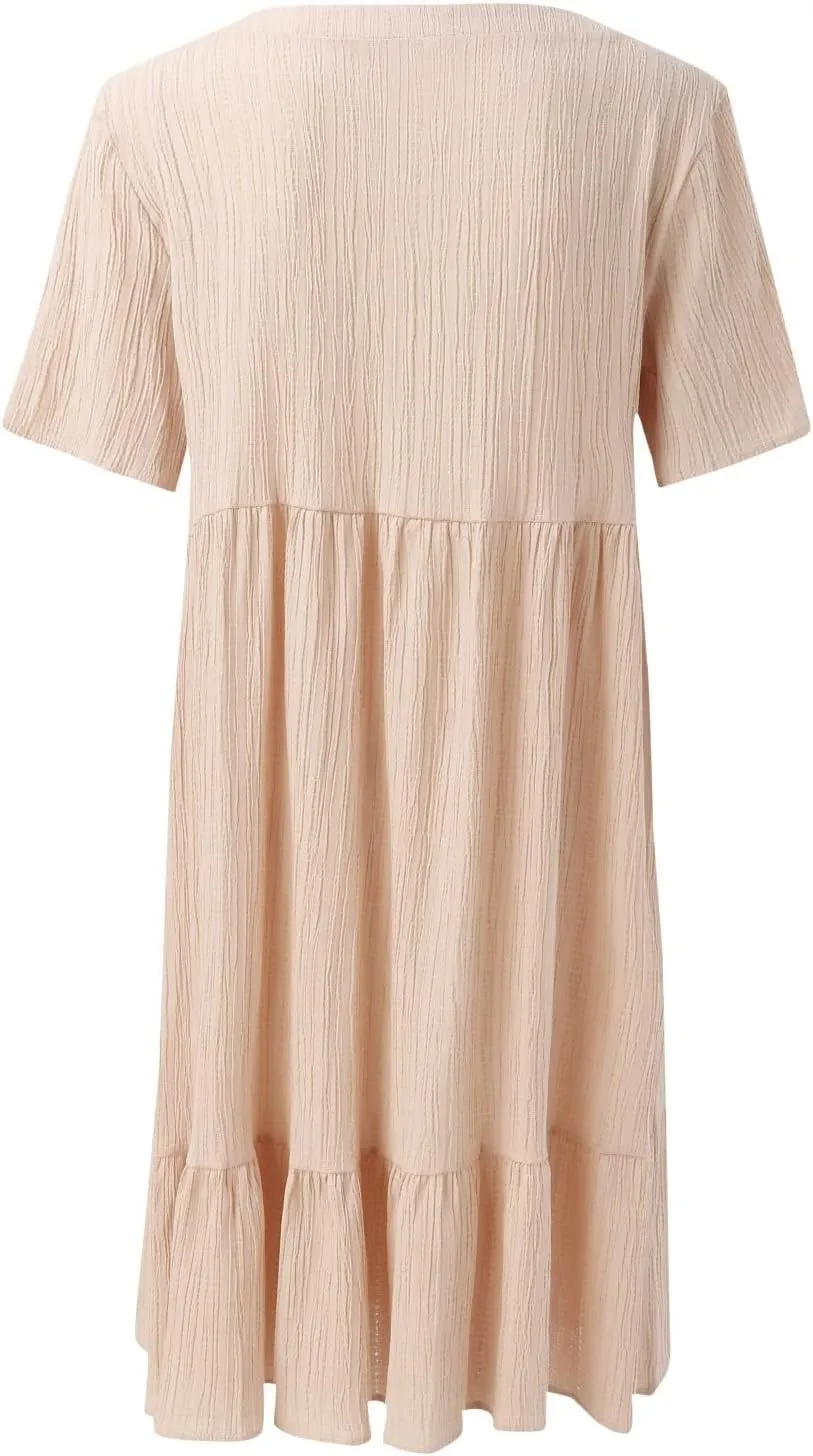 XOWRTE Summer Dresses for Women 2025 Short Sleeve V Neck Dress Pleated Swing Loose Casual Dress Short Plus Size
