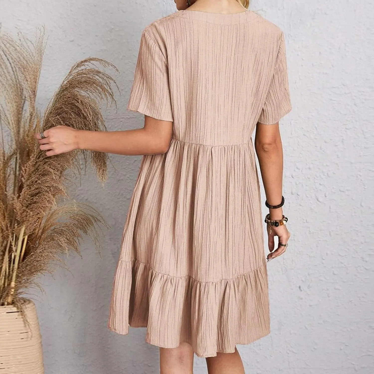 XOWRTE Summer Dresses for Women 2025 Short Sleeve V Neck Dress Pleated Swing Loose Casual Dress Short Plus Size