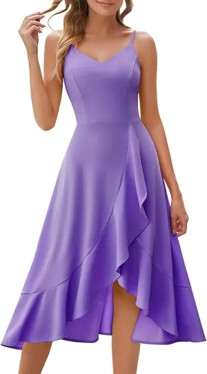 XOWRTE Women Sexy Ruched V Neck Sleeveless Spaghetti Strap Ruffle Hem Midi Dress Bodycon Backless High Slit Club Party Dress