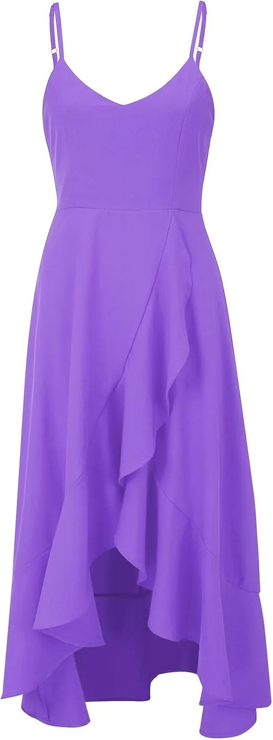 XOWRTE Women Sexy Ruched V Neck Sleeveless Spaghetti Strap Ruffle Hem Midi Dress Bodycon Backless High Slit Club Party Dress