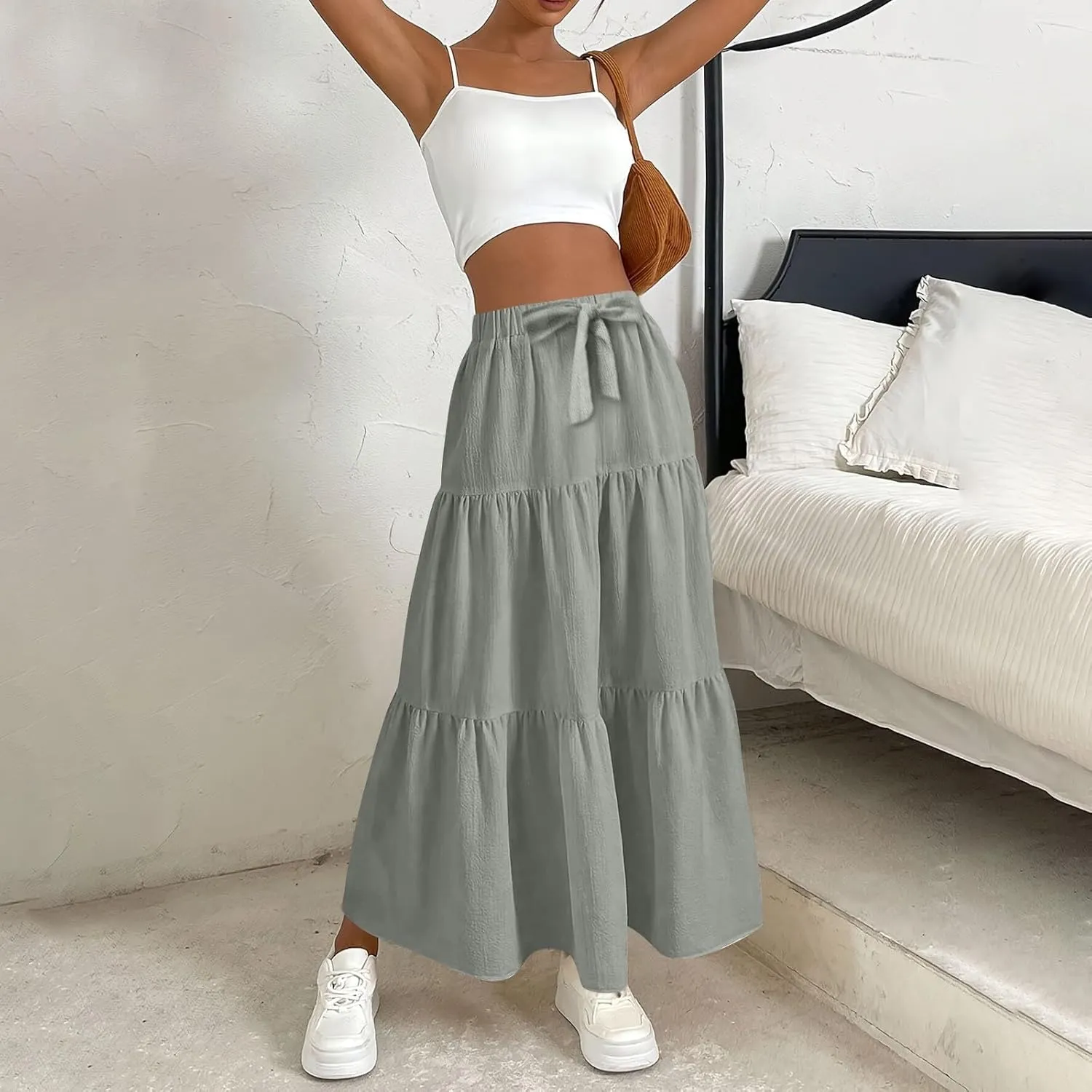 XOWRTE Women's 2025 Bohemian Long Skirts Flowy High Waist A Line Maxi Skirts for Women Summer Pleated Mini Skirts