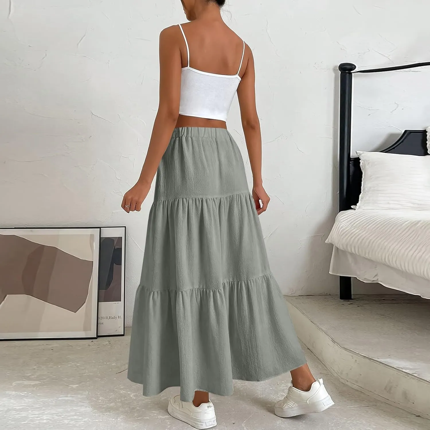 XOWRTE Women's 2025 Bohemian Long Skirts Flowy High Waist A Line Maxi Skirts for Women Summer Pleated Mini Skirts