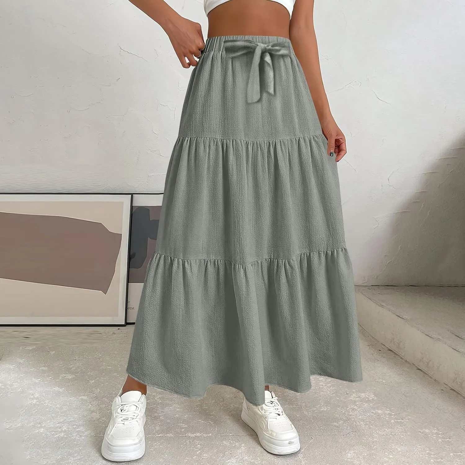 XOWRTE Women's 2025 Bohemian Long Skirts Flowy High Waist A Line Maxi Skirts for Women Summer Pleated Mini Skirts