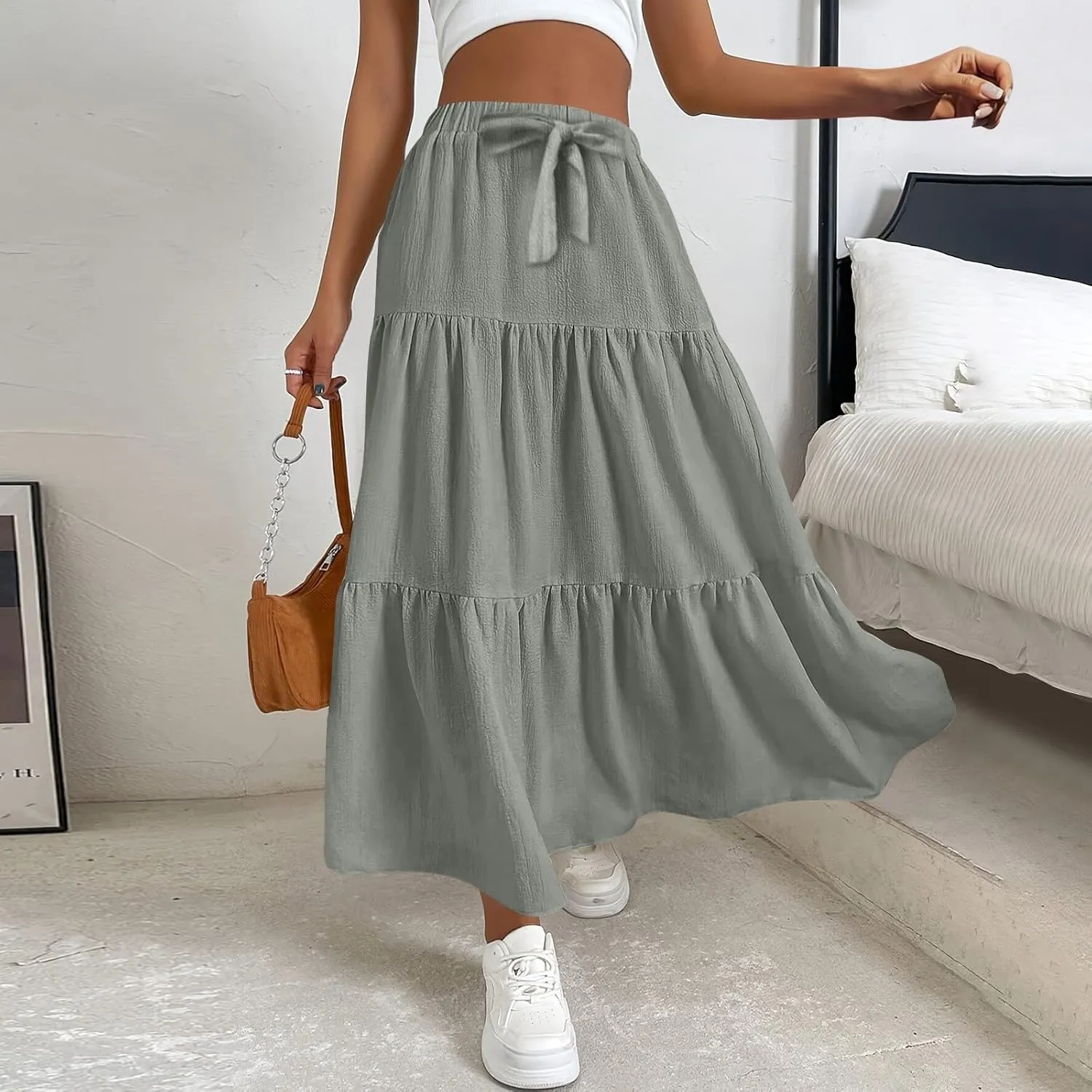 XOWRTE Women's 2025 Bohemian Long Skirts Flowy High Waist A Line Maxi Skirts for Women Summer Pleated Mini Skirts