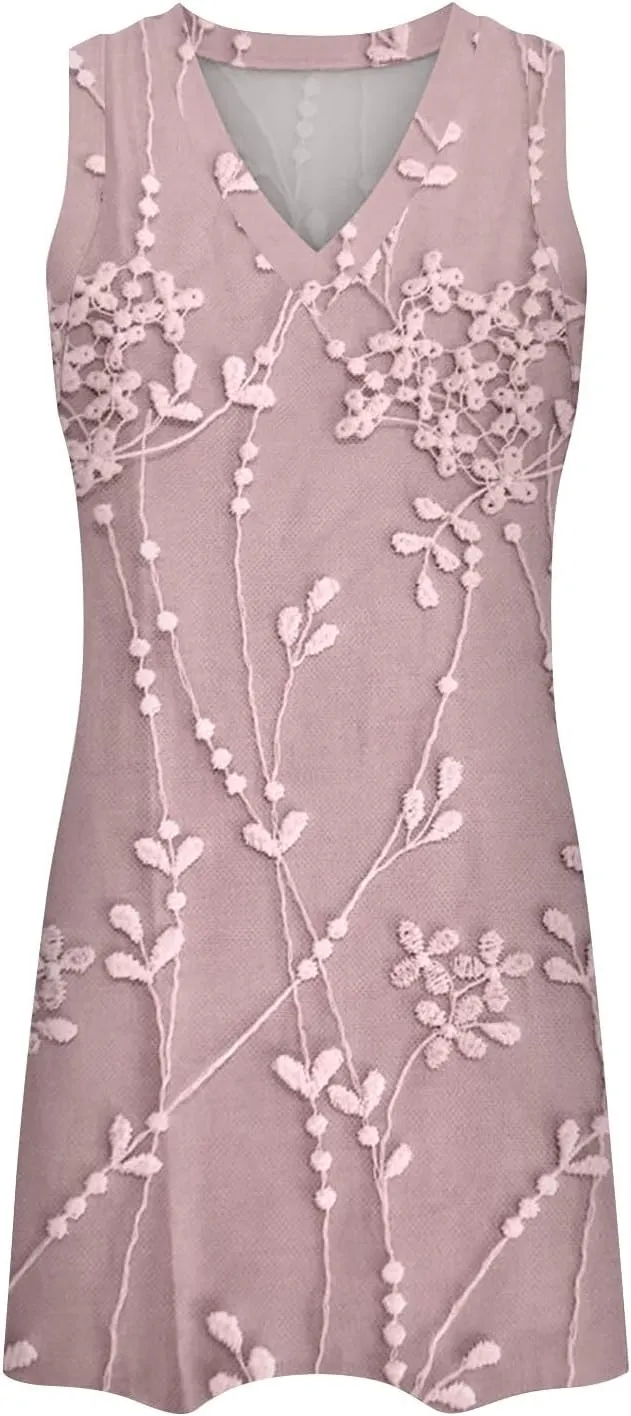 XOWRTE Women's Round Neck Eyelet Lace Embroidery Smocked Loose Party Dress Sexy Sleeveless A Line Mini Sun Dress for Women