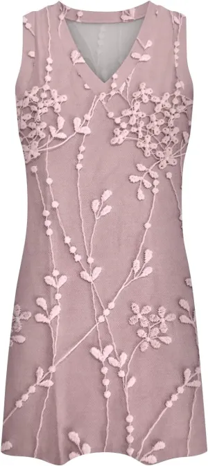 XOWRTE Women's Round Neck Eyelet Lace Embroidery Smocked Loose Party Dress Sexy Sleeveless A Line Mini Sun Dress for Women