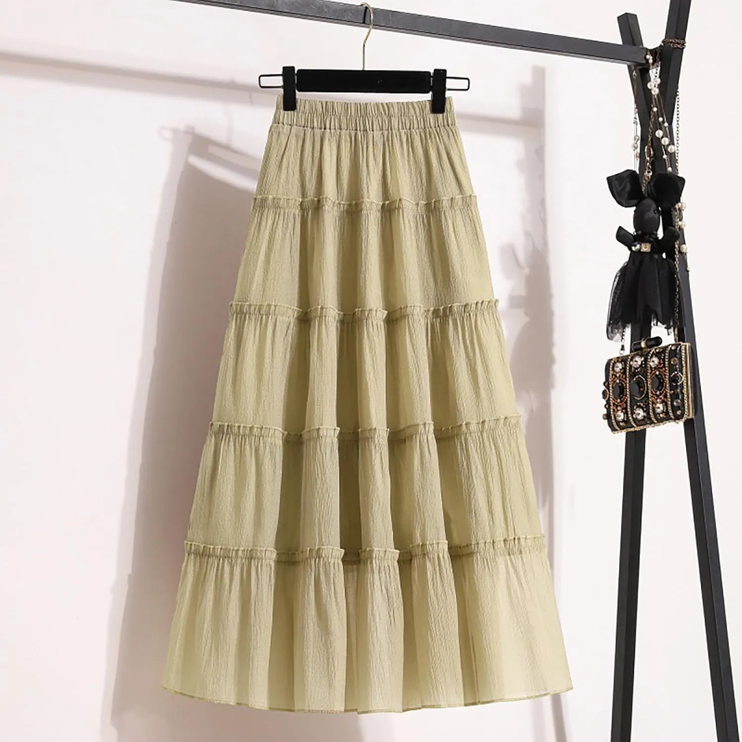 XOWRTE Womens Summer Boho Maxi Skirts Smocked High Wasited Flowy Tiered Ruffle A Line Long Beach Skirt Skirt