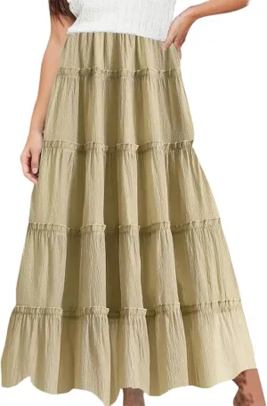 XOWRTE Womens Summer Boho Maxi Skirts Smocked High Wasited Flowy Tiered Ruffle A Line Long Beach Skirt Skirt
