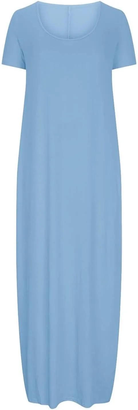 XOWRTE Women's Summer Casual Loose Sundress Long Dress Short Sleeve Round Neck Solid Color Tshirt Maxi Dresses with Pockets