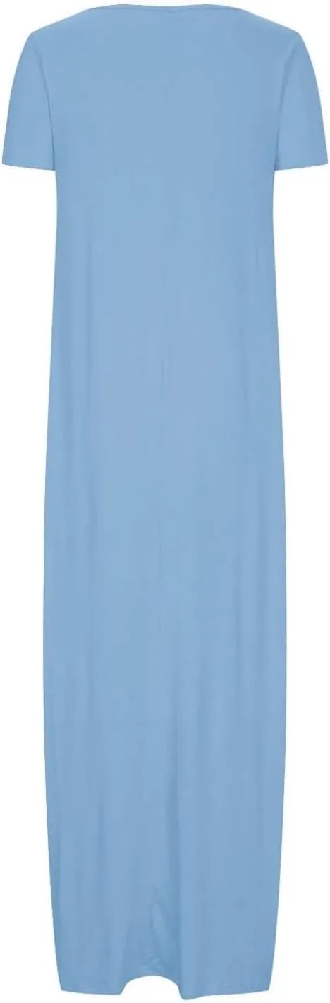XOWRTE Women's Summer Casual Loose Sundress Long Dress Short Sleeve Round Neck Solid Color Tshirt Maxi Dresses with Pockets