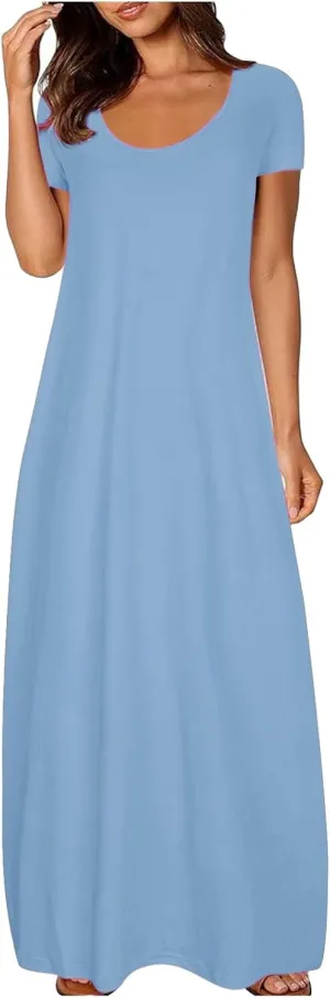 XOWRTE Women's Summer Casual Loose Sundress Long Dress Short Sleeve Round Neck Solid Color Tshirt Maxi Dresses with Pockets