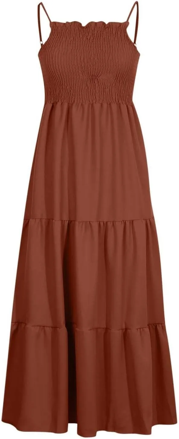 XOWRTE Women's Summer Maxi Dress 2025 Casual Boho Sleeveless Spaghetti Strap Smocked Tiered Long Beach Vacation Sundresses