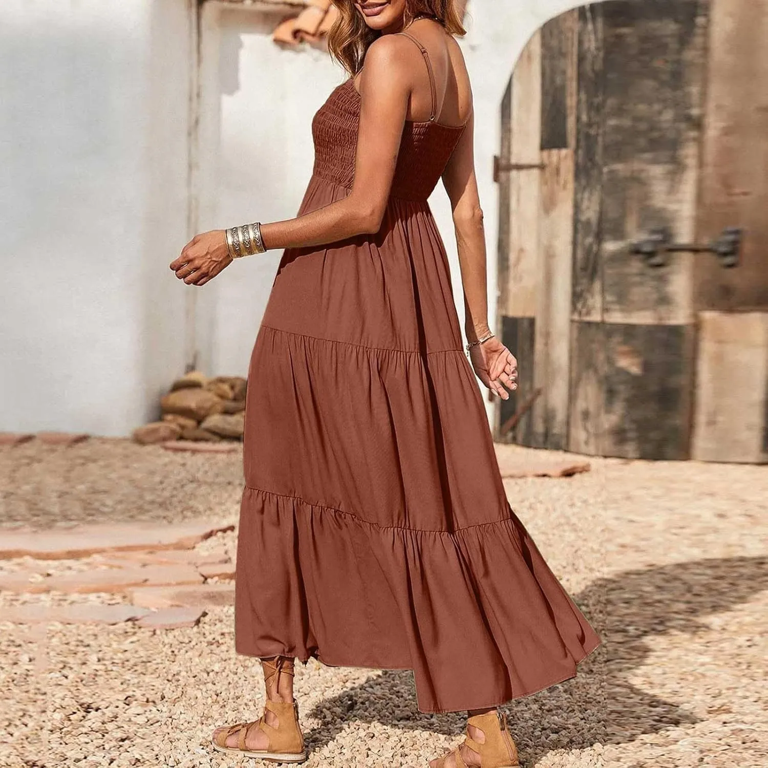 XOWRTE Women's Summer Maxi Dress 2025 Casual Boho Sleeveless Spaghetti Strap Smocked Tiered Long Beach Vacation Sundresses