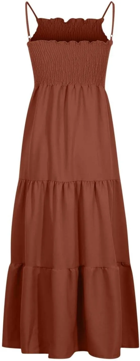 XOWRTE Women's Summer Maxi Dress 2025 Casual Boho Sleeveless Spaghetti Strap Smocked Tiered Long Beach Vacation Sundresses