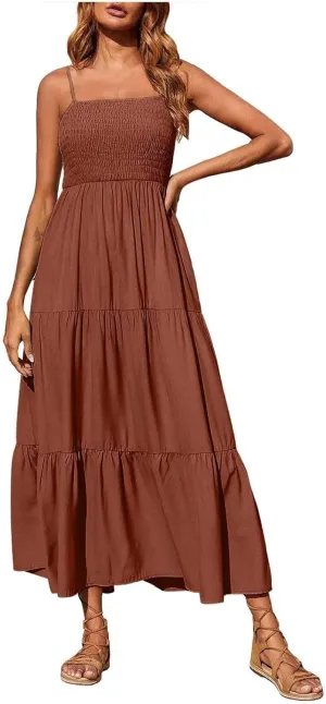 XOWRTE Women's Summer Maxi Dress 2025 Casual Boho Sleeveless Spaghetti Strap Smocked Tiered Long Beach Vacation Sundresses
