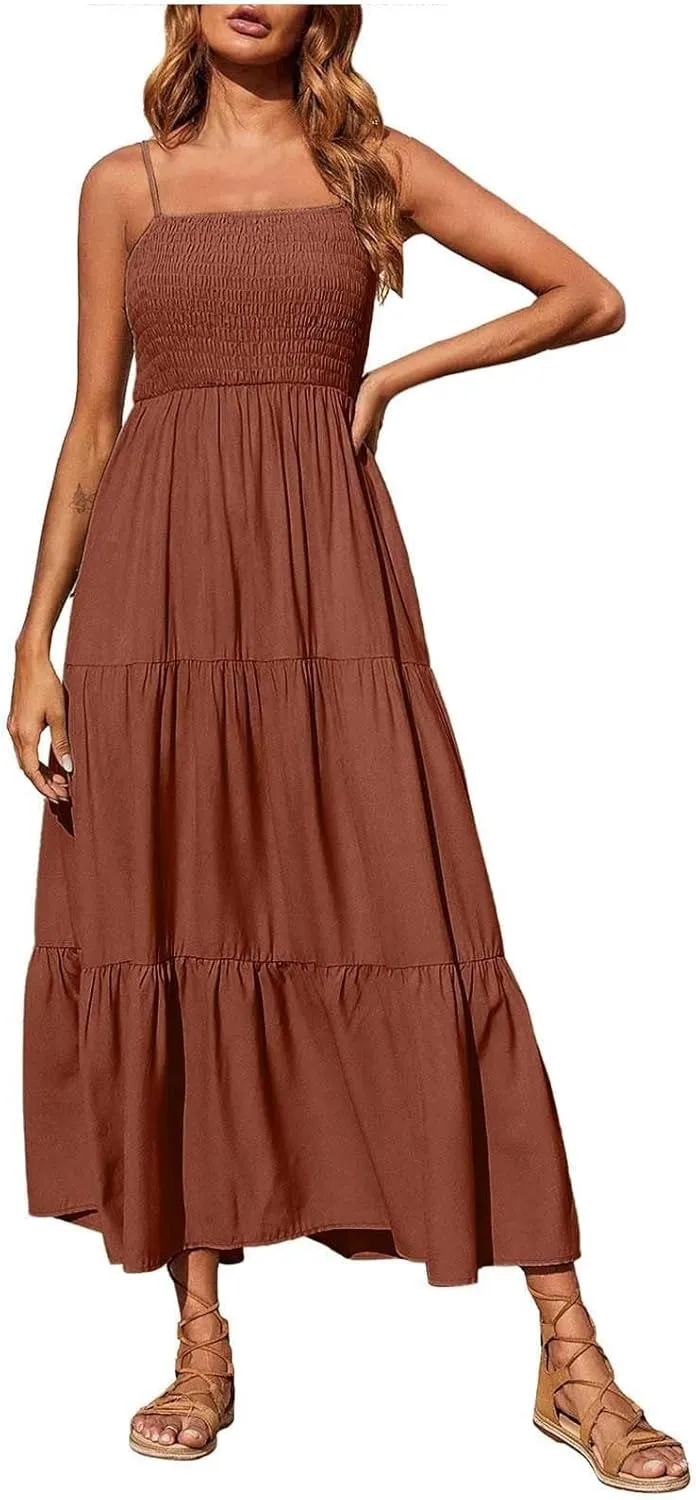 XOWRTE Women's Summer Maxi Dress 2025 Casual Boho Sleeveless Spaghetti Strap Smocked Tiered Long Beach Vacation Sundresses