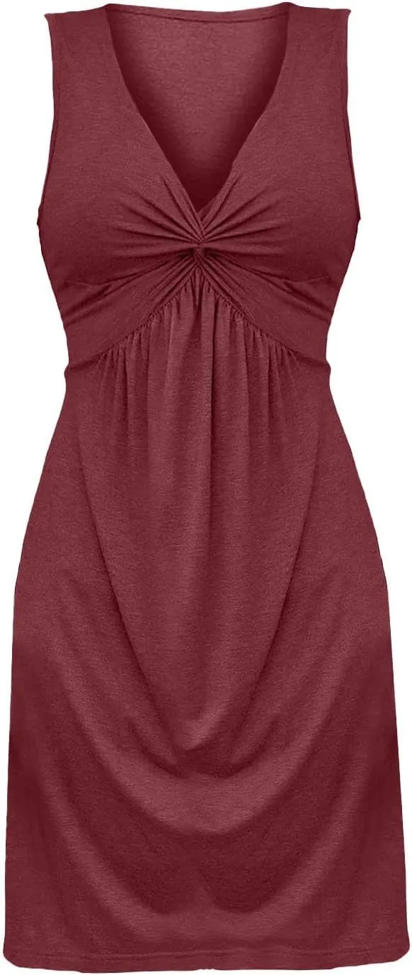 XOWRTE Women's Twist Front V Neck Ruffle Casual Summer Dress Sexy Elegant Sleeveless Club Party Tunic Bodycon Mini Dresses