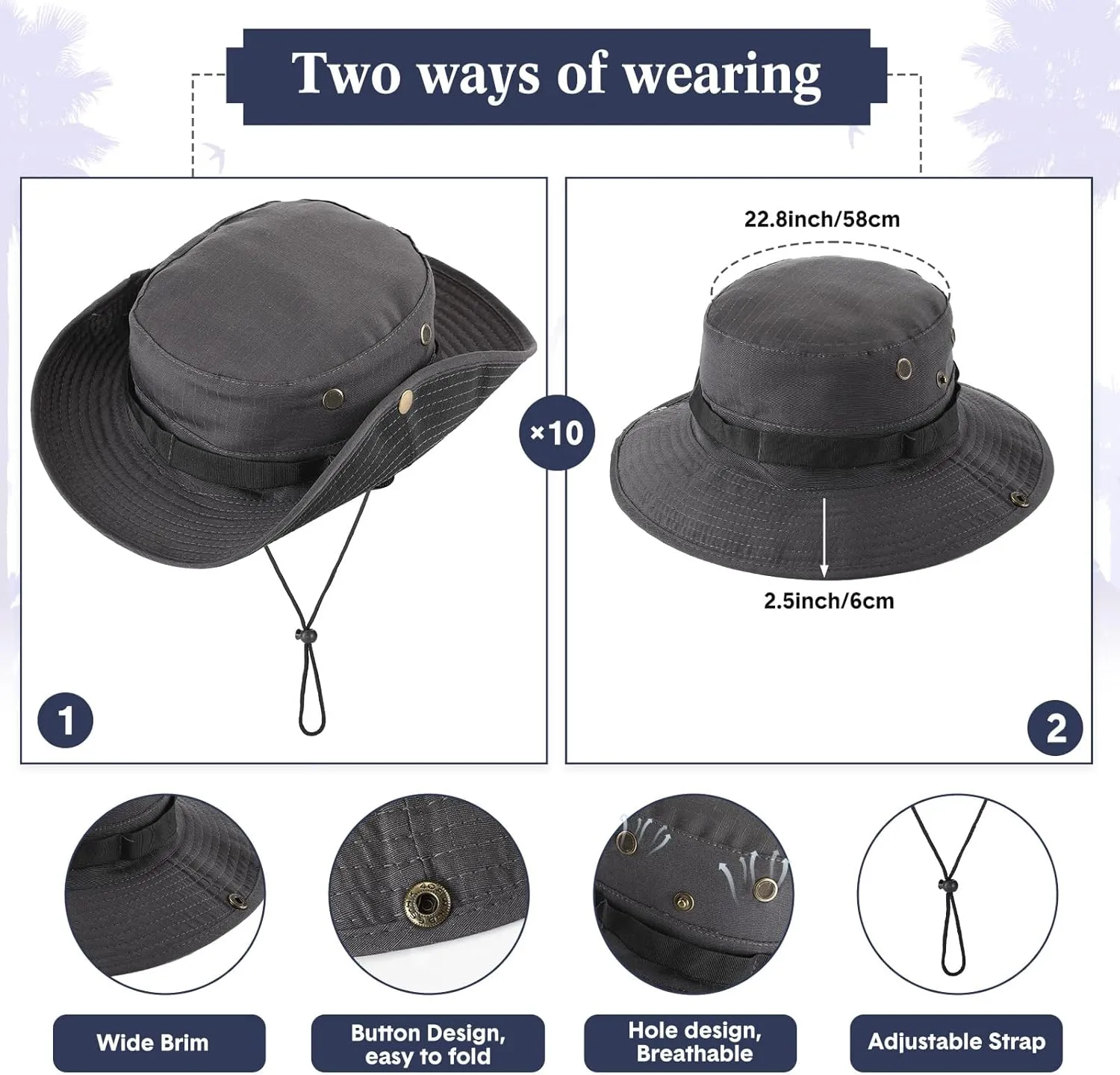 Xtinmee 10 Pieces Bucket Hat Bulk Wide Brim Boonie Hiking Fishing Safari Hat with Chin Strap for Women Men Adult Summer