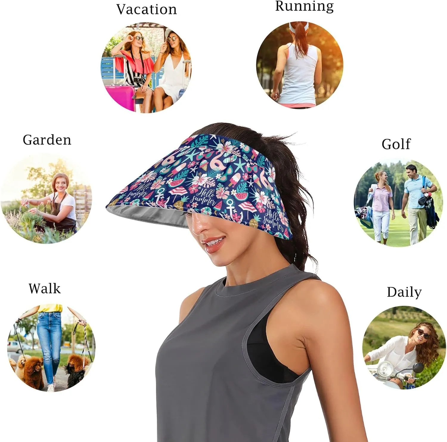 ZZXXB Tiger Floral Print Women Sun Visor Hat Wide Brim Hats Foldable Summer UV Protection Ponytail Visors for Beach
