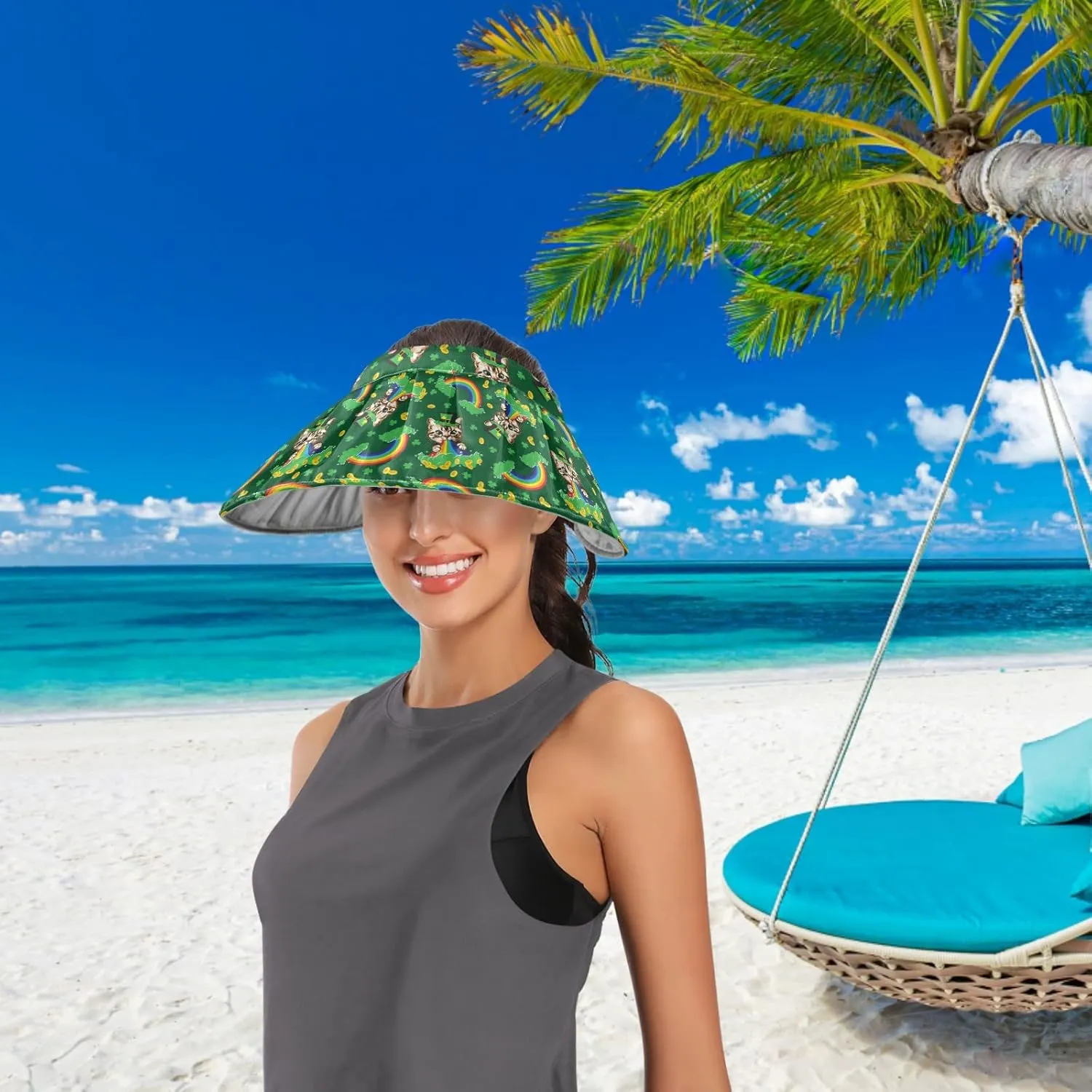 ZZXXB Tiger Floral Print Women Sun Visor Hat Wide Brim Hats Foldable Summer UV Protection Ponytail Visors for Beach