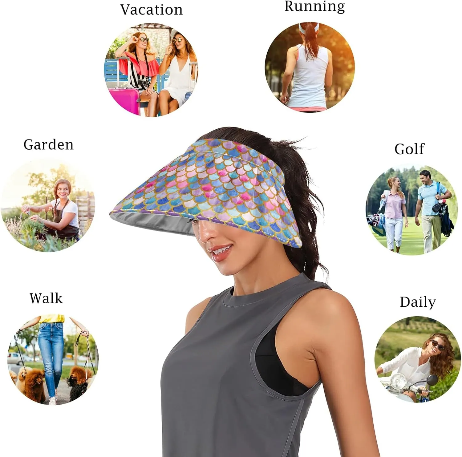 ZZXXB Tiger Floral Print Women Sun Visor Hat Wide Brim Hats Foldable Summer UV Protection Ponytail Visors for Beach
