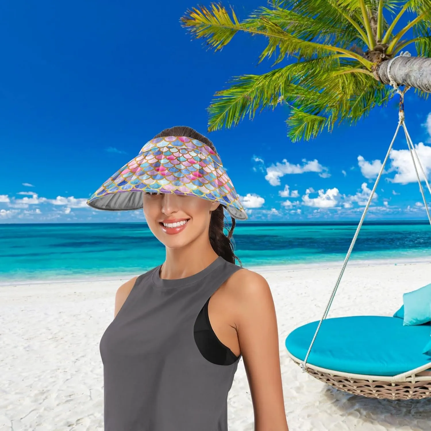 ZZXXB Tiger Floral Print Women Sun Visor Hat Wide Brim Hats Foldable Summer UV Protection Ponytail Visors for Beach