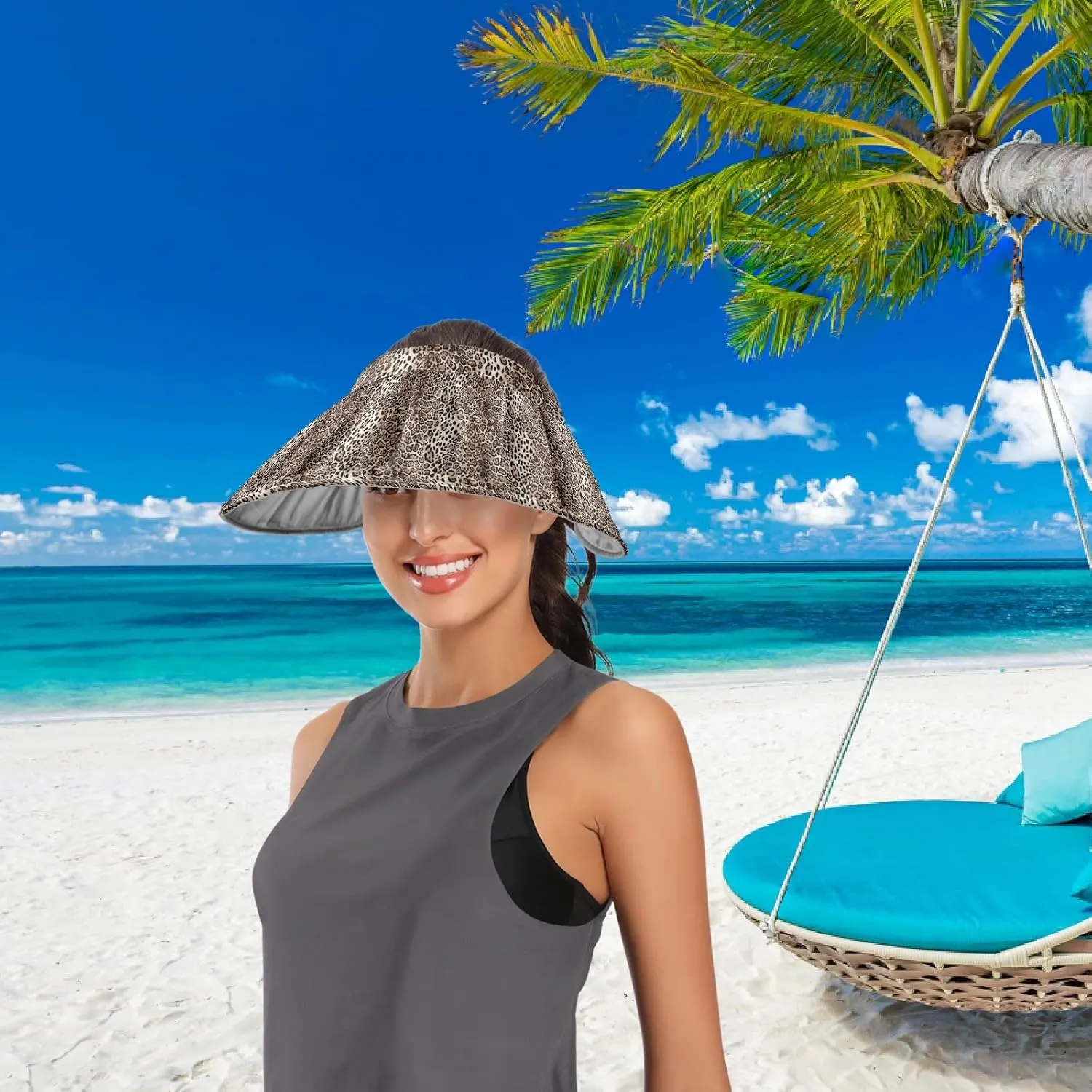 ZZXXB Tiger Floral Print Women Sun Visor Hat Wide Brim Hats Foldable Summer UV Protection Ponytail Visors for Beach